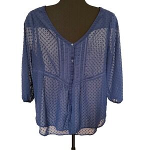 LC Lauren Conrad Navy Blue Swiss Dot Lace Trim Button Front Blouse L Whimsgoth